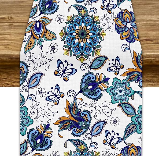 Oriental Paisley Table Runner, Luxury Vintage Blue Teal Floral Butterflies Print Table Runner for Home Dining Kitchen Coffee Table Party Decor, 13x120inch