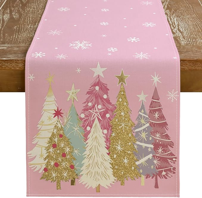 GEEORY Christmas Table Runner 13x72 Inch, Xmas Trees Snowflakes Holiday Decorative Farmhouse Table Decoration for Kitchen Dinning, Indoor Outdoor Dinner Party Decor (Pink) GT153-72