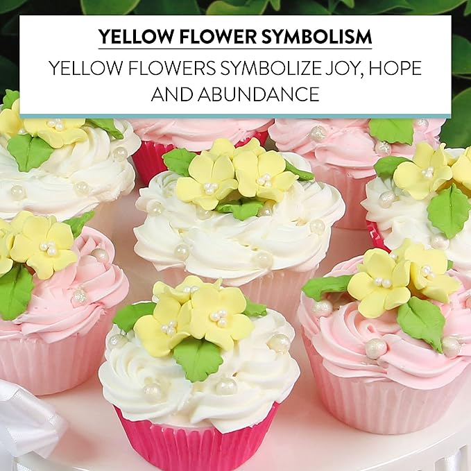 Edible Cake Toppers: Small Yellow Gumpaste Flowers and Leaves, 24 Count