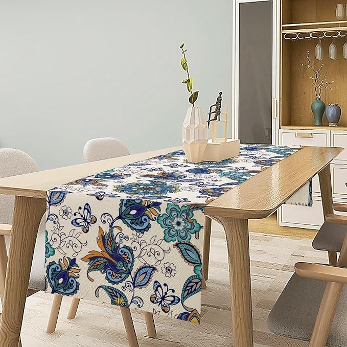 Oriental Paisley Table Runner, Luxury Vintage Blue Teal Floral Butterflies Print Table Runner for Home Dining Kitchen Coffee Table Party Decor, 13x90inch