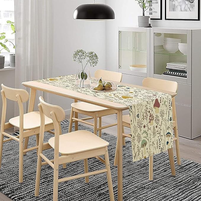 Mushroom Table Runner,Colorful Wild Plants and Fungus Botanical Plants Pattern Print Burlap for Hotel Indoors Outdoor Dining Room Kitchen Holiday Party, 13x80in