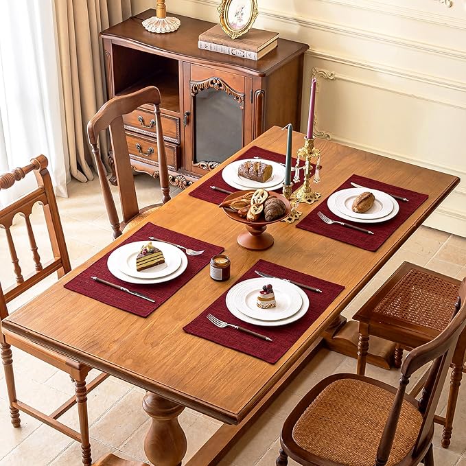 Place Mats Set of 6 in Red, 12 x 18 Inch Machine Washable Polyester