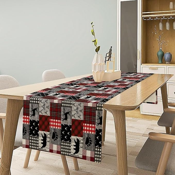 Rustic Farm Table Runner,Vintage Woodland Deer Bear Animal Buffalo Plaid Print Tablecloth Burlap for Hotel Indoors Outdoor Dining Room Kitchen Home Decor,W13X L90 in