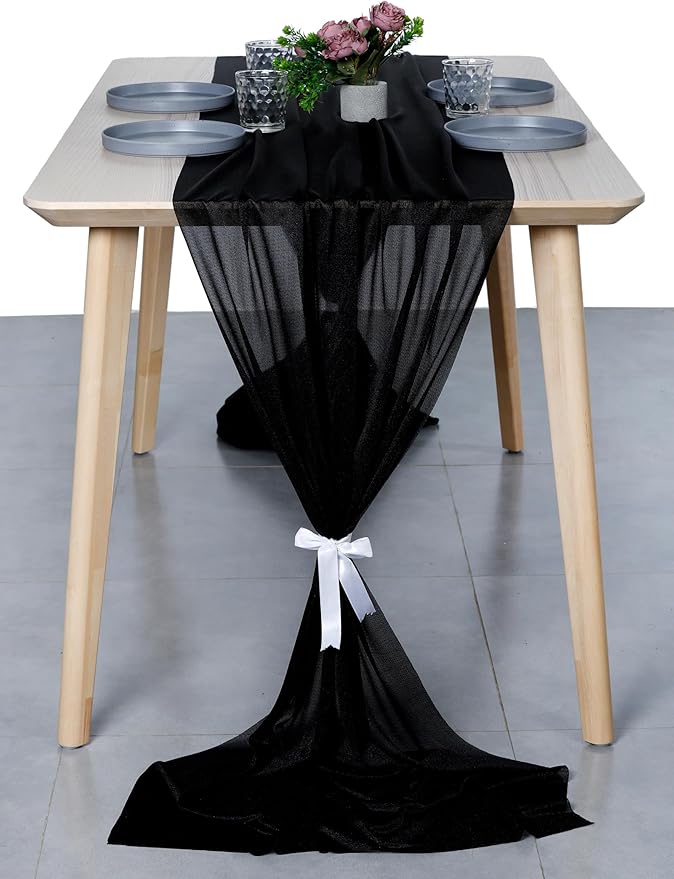 MDS Halloween Chiffon Table Runner - 5 Pack, 29 x 170 Inches, 14ft Each - Sheer Spooky Table Runners for Haunted House Parties, Trick-or-Treat Tables, Witchy Décor, Wedding & Events - Black