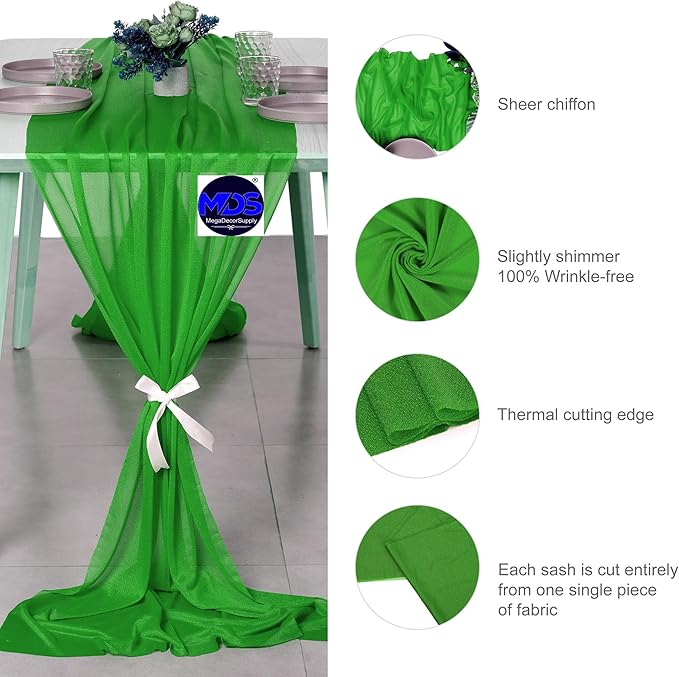 MDS 2 Pack 10ft Chiffon Table Runner 29 x 120 Inches Sheer Wedding Runner Romantic Rustic Table Runner for Wedding Decorations, Birthday Parties, Bridal Shower Party Arch Decor - Green