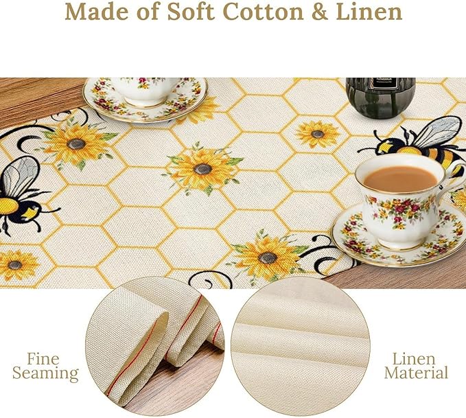 Bee Sunflower Table Runner, Farmhouse Orange Honeycomb Vintage Spring Summer Flowers Print Table Cover for Party Wedding Home Kitchen Dining Table Decor, 13x108inch