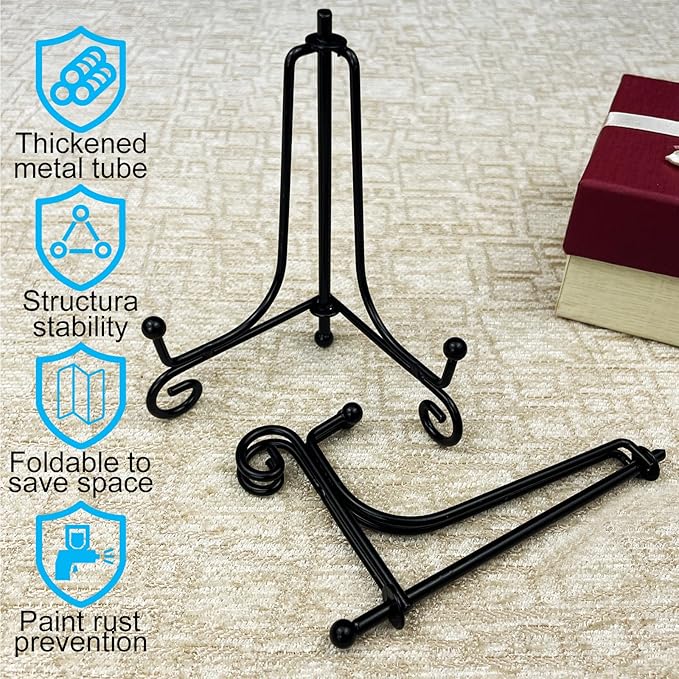 8PCS Premium Black Iron Plate Stands for Display 4 Inch, Decorative Solid Metal Plate Holders for Displaying, Mini Easel, Frame, Book, Card, Plaque, Bowl, Picture Stands for Display