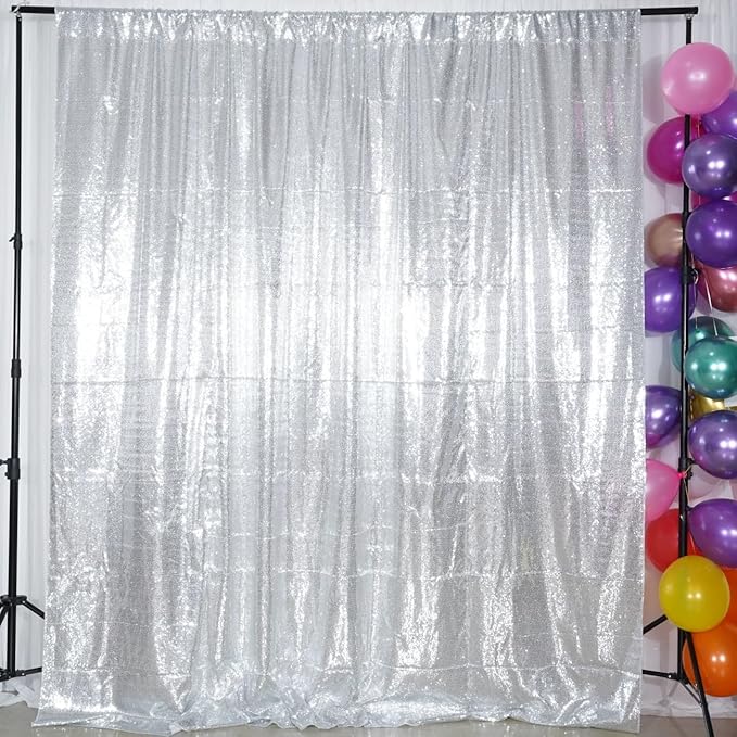 Poise3EHome 6Ft x 8Ft Silver Sequin Backdrop Curtain, Glitter Thick Satin Background Drapes, Sparkly Opaque Photography Curtain, Sequence Xmas Thanksgiving Backdrop for Wedding Party Holiday Decor