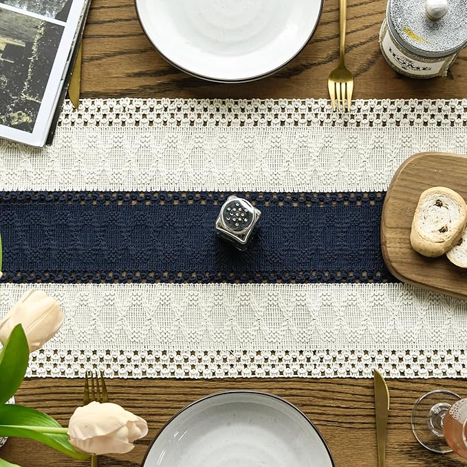 Artoid Mode Dark Blue Farmhouse Rustic Table Runner, Seasonal Holiday Hollow Kitchen Dining Table Decoration for Home Party Decor 12x90 Inch