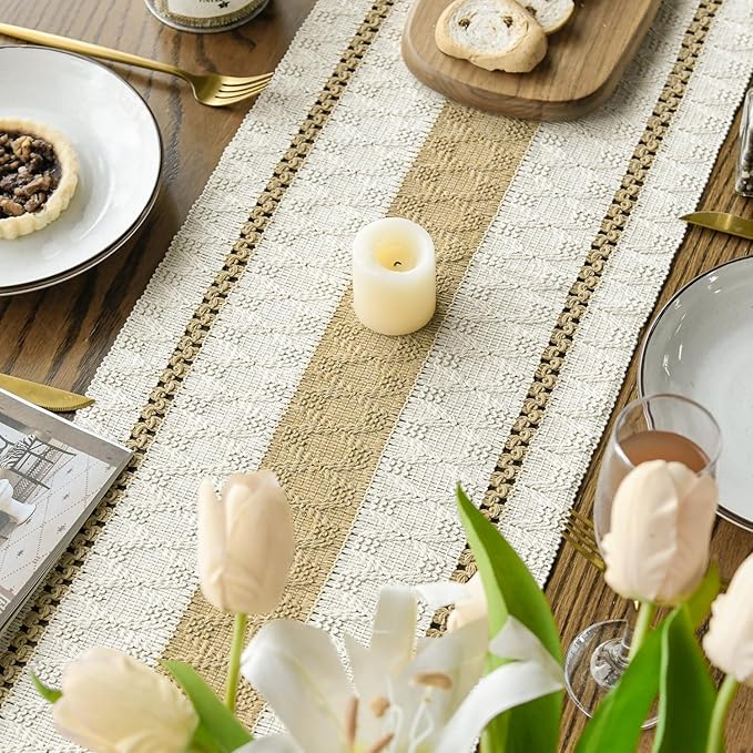 Artoid Mode Burlap Brown Farmhouse Woven Rustic Table Runner, Seasonal Holiday Hollow Kitchen Dining Table Decoration for Home Party Decor 12x48 Inch