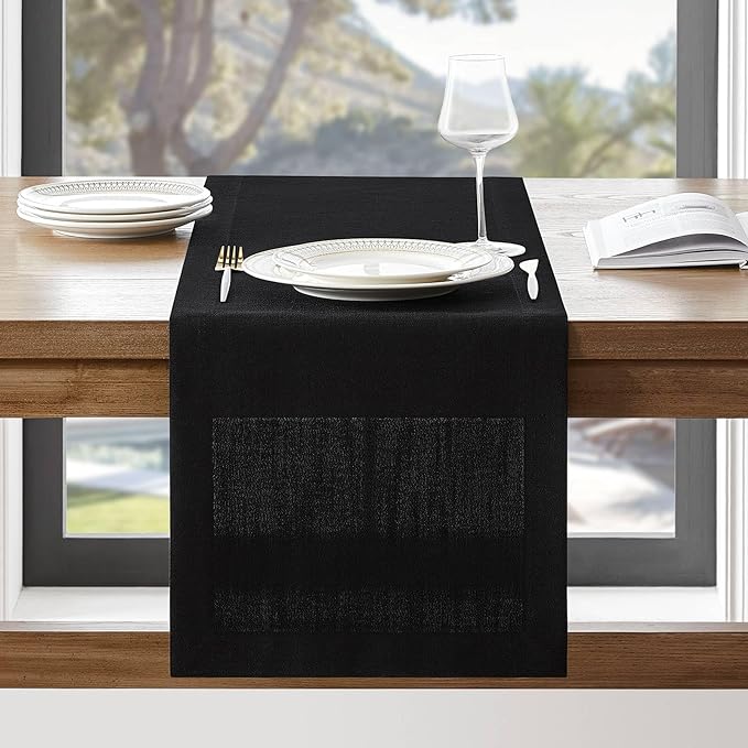 ZeeMart Linen Textured Border Table Runner, 14 x 108 Inch Black, Farmhouse Style Black Table Runners 108 Inches Long, Easy Care Everyday Polyester Table Runner