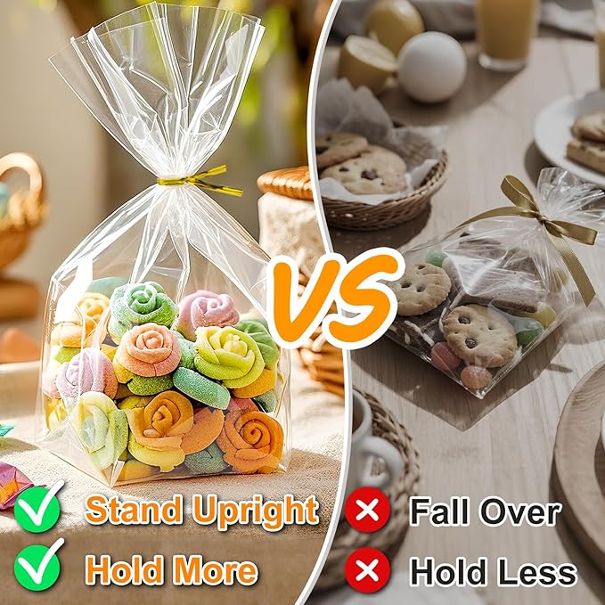 PigPotParty Cellophane Bags 8"x11", 100 Pack Clear Gift Bags, 3.15" Bottom Gusset for Stand-Up Display, Plastic Cellophane Gift Wrap, Ideal for Mugs, Goodies, Treats, Party Favors, Includes Gold Ties
