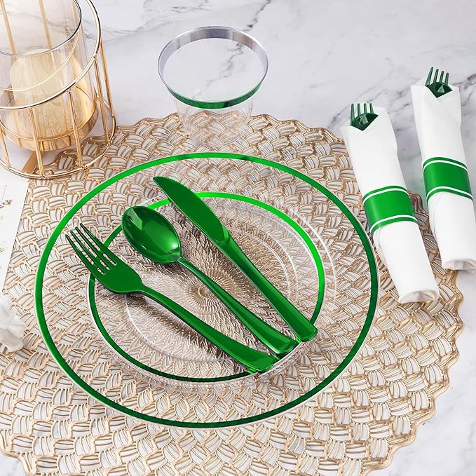 Plates for 50 Guests: Green Plastic Party Set with Cups and Cutlery