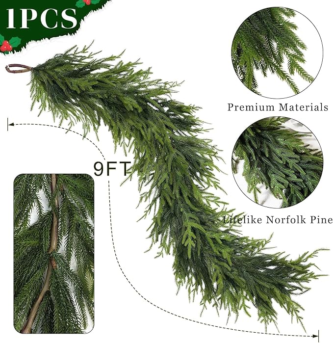 Garland 9 Ft Green Plastic Norfolk Pine Style Artificial Holiday Garland