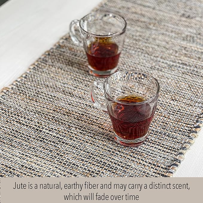 Chardin home Natural Jute Table Runner 13x108 Inch – Vintage Boho Rustic Table Decor – Handwoven Long Table Runner in Natural Jute and Grey – Farmhouse Dining or Console Table Accent