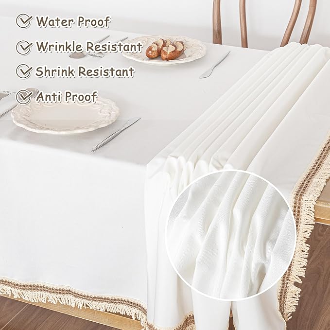 MYSKY HOME Table Cloth, Waterproof Tablecloths for Rectangle Tables, Cotton Rustic Tablecloths, White Table Coths Heavy Duty with Linen Tassels for Kitchen Dining, Party, Holiday, Christmas, 55''x86''
