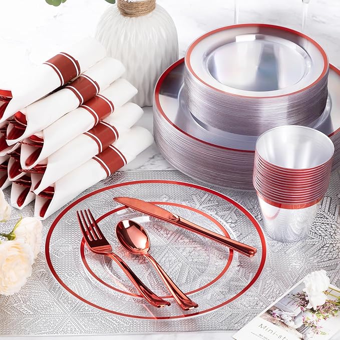 Plates Set for 50 Guests, Red Rim Plastic with Dinner and Salad Plates