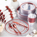Plates Set for 50 Guests, Red Rim Plastic with Dinner and Salad Plates