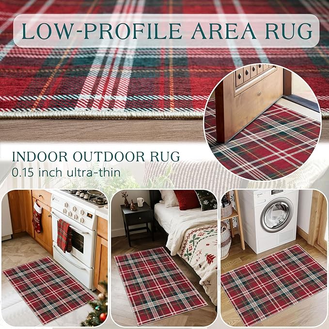 Area Rug Red Tartan Christmas Door Mat, 2x3 Ft Polyester Non-Slip