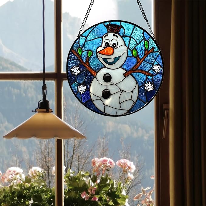 Stained Glass Window Hanging Christmas Funny Snowman 11.8" - Suncatcher Door Garden Blue White Snowflakes Sun Catcher New Year Birthday for Friend Mom Men Woman Nana