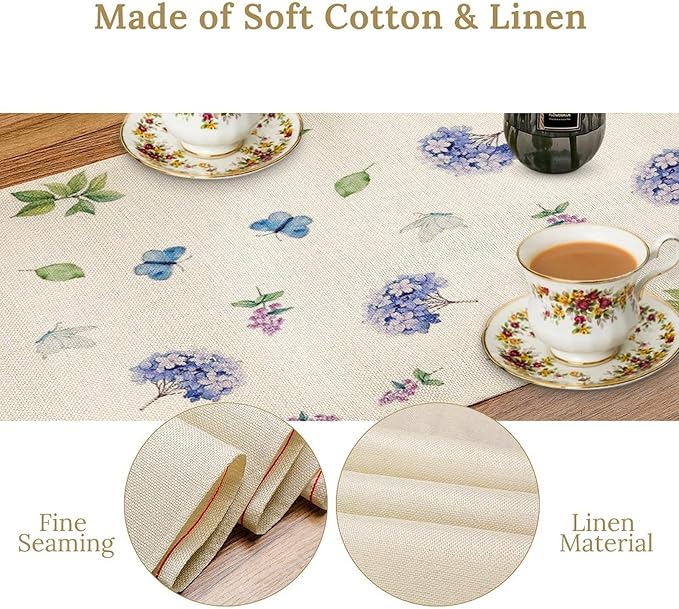 Spring Hydrangea Flower Table Runner, Seasonal Summer Plants Watercolor Florals Butterfly Dinner Runner for Home Kitchen Dining Table Party Holiday Decoration 13"x90"