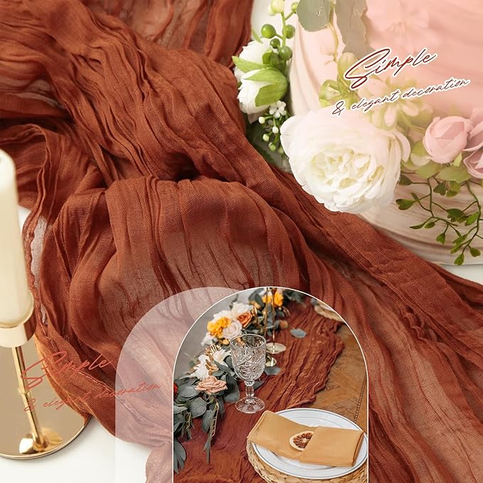 Aktor 12 Pack Terracotta Table Runner Boho Cheesecloth Table Runner Semi Sheer Gauze Fabric Runners for Wedding Birthday Baby Shower Party Boho Table Decoration（Terracotta）