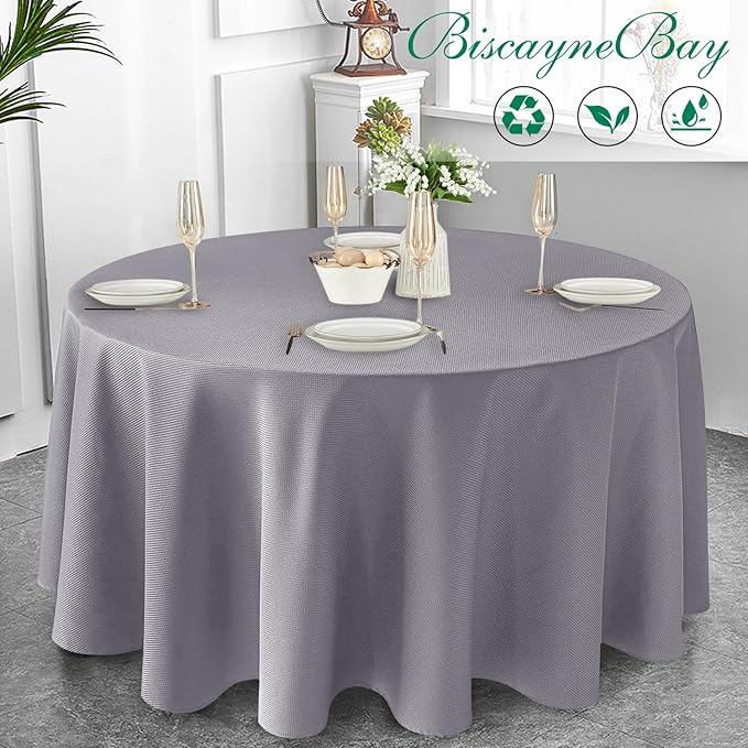 Biscaynebay Textured Fabric Round Tablecloths 90", Silver Grey Water Resistant Table Cloths Circle Folding Table Covers Linen for Dining, Kitchen, Wedding & Parties etc.