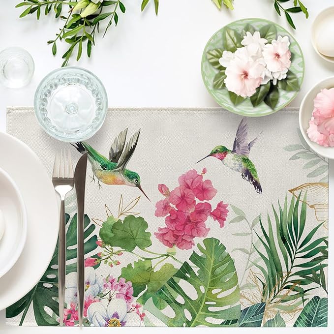 Seliem Spring Summer Geranium Flower Placemats Set of 4, Red Floral Hummingbird Palm Leaves Monstera Dining Table Place Mats, Seasonal Kitchen Decor Home Decoration 12 x 18 Inch