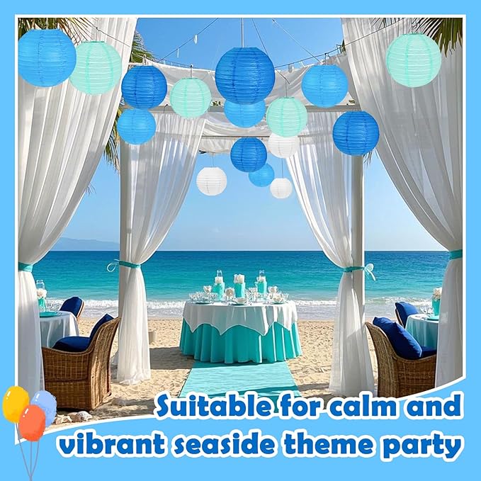 12Pcs Blue and White Paper Lanterns Assorted Sizes (6" 8" 10" 12") for Home Decor, Wedding, Birthday, Underwater Themed Party Decorations, Hanging Chinese Japanese Paper Lantern (3 Blue Colors)