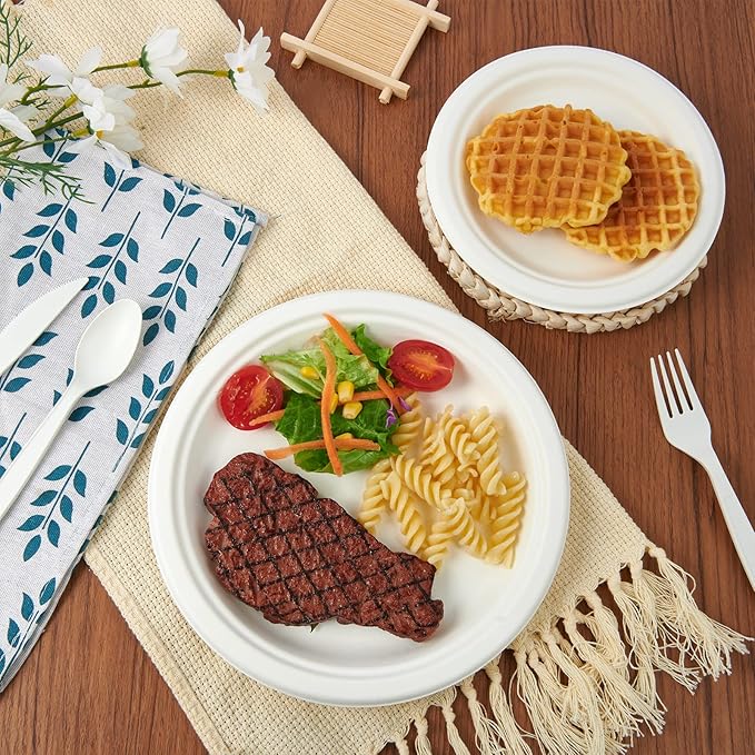 ECOLipak 120 Pack Compostable Paper Plates, 9 inch and 7 inch Heavy Duty Disposable Paper Plates, Eco friendly Sugarcane Biodegradable for Party Dinner Birthday