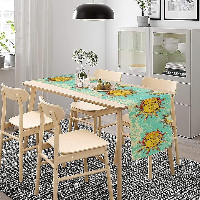 Retro Sun Moon Table Runner, Phase of The Moon Vintage Cloud Table Runner for Kitchen Dinner Living Room Table Runner Yellow Floral, 13x60 Inch Yellow Blue