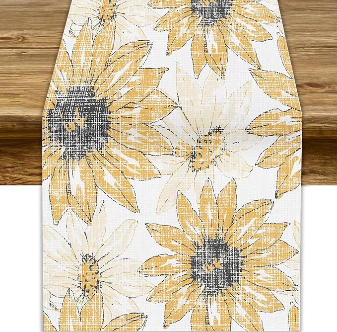 Chrysanthemum Vintage Floral Table Runner, Elegant Grunge Orange Sunflower Spring Summer Elegant Pattern Artichokes Flower Table Runner for Party Kitchen Dining Living Room Decor, 13x108 Inch
