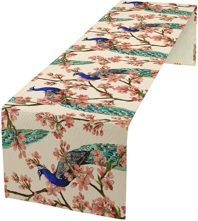 Peacock Table Runner,Spring Floral Peacock Birds Table Runner for Home Kitchen Dining Party Indoor Outdoor Decoration 13x60 Inch