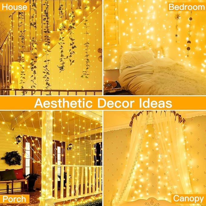 Ollny 2 Pack Curtain String Lights Warm White, 400LED 6.6x6.6ft Fairy Lights With Remote 8 Modes, Hanging Outdoor Waterproof, USB Power Wall for Bedroom Indoor Backdrop Window