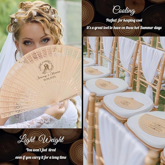 10 PCS Custom Fans Personalized Folding Fans for Line Dancing Wooden Hand Fan Wedding Favors Bulk Fans for Guests Party Event Use (Style03)