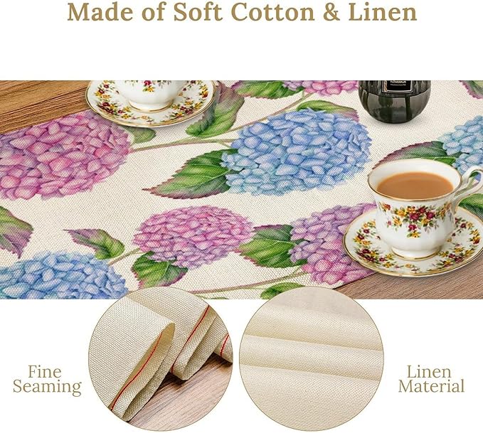 Spring Hydrangea Flower Table Runner, Seasonal Summer Plants Watercolor Pink Purple Florals Dinner Runner for Home Kitchen Dining Table Party Holiday Decoration 13"x36"