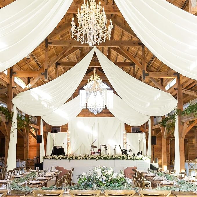 4 Panels Ivory Ceiling Drapes for Wedding 5ftx30ft Sheer Drapery Chiffon Fabric Arch Draping Curtains for Party Ceremony Birthday Baby Shower Reception Stage Ceiling Decorations