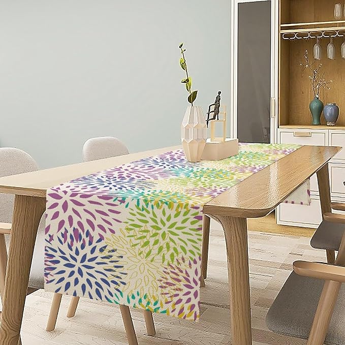 Purple Flowers Table Runner, Chrysanthemum Dahlia Vintage Modern Colorful Spring Summer Elegant Table Runner for Party Kitchen Dining Living Room Laundry Room Decor, 13x90 Inch