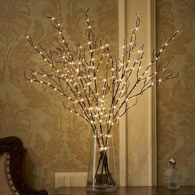 Fudios Lighted Branches Plug in 32IN 200 LED Mantle Winter Decor, Brown Twig Branch Lights for Christmas Holiday Party Indoor Outdoor