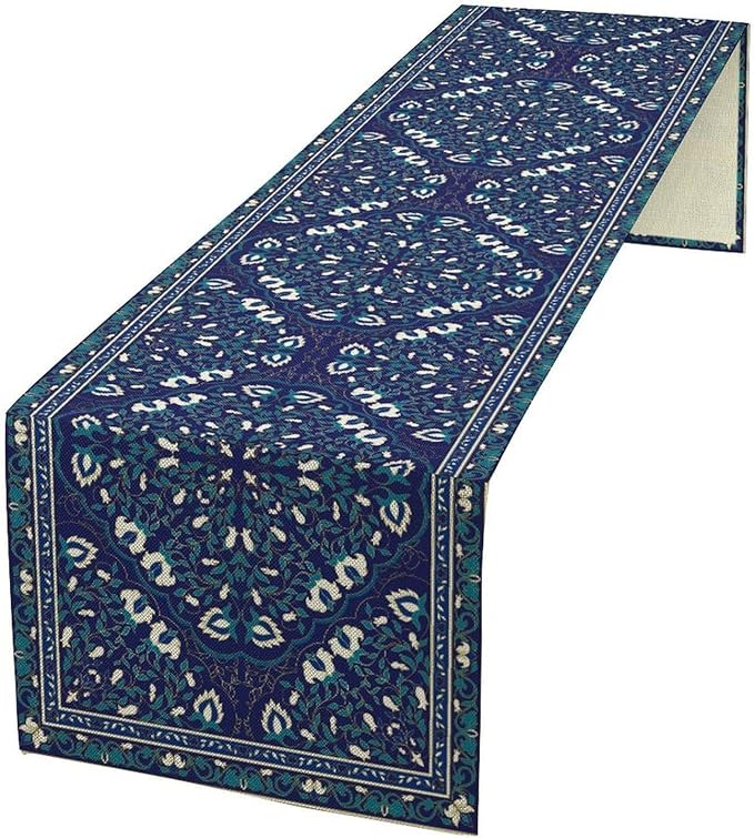 Boho Floral Vintage Table Runner, Retro Morris Abstract Blue Flower Rustic Country Farmhouse Pattern for Home Kitchen Table Decor Dining Coffee Room Wedding Party Decor 13x108in