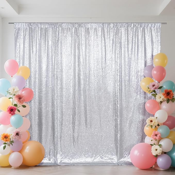 SquarePie Sequin Backdrop Curtain Not See Through Thick Background for Party 4FT x 8FT Silver