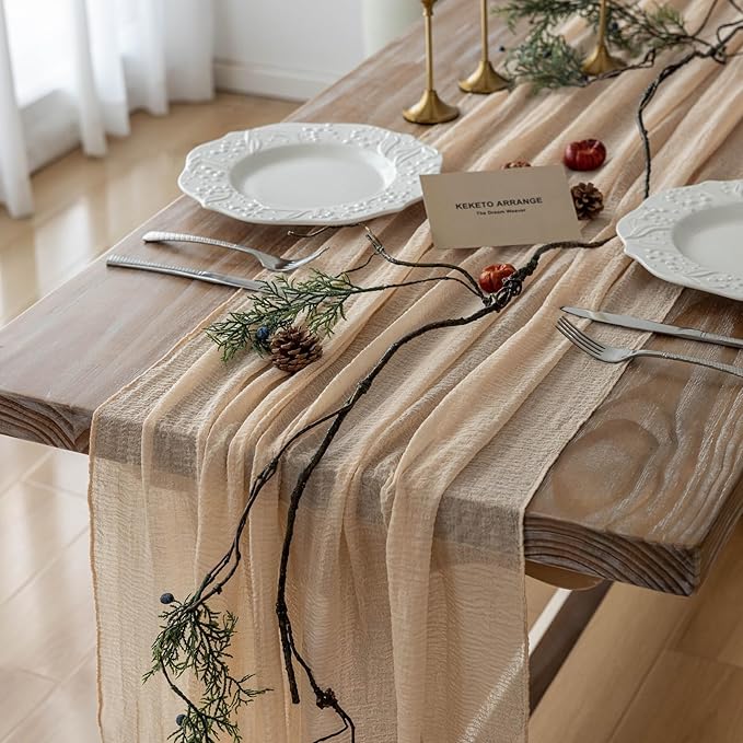 Deep Beige Cheesecloth Table Runner Rustic Boho Gauze 120 Inch 10 FT Cheese Cloth for Wedding Baby Shower Bridal Shower Birthday Engagement Party Long Sheer Home Decorations