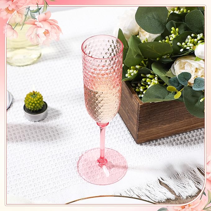 Champagne Glasses 48 Pack, 5.5 oz Pink Plastic Flutes with Detachable Stems