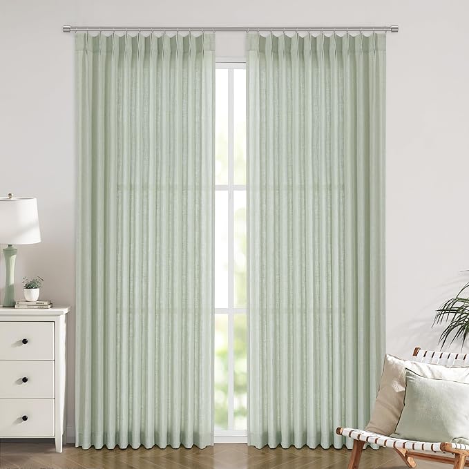 Vision Home Light Green Pinch Pleated Semi Sheer Curtains Textured Linen Blended Light Filtering Window Curtains 90 inch for Living Room Bedroom Patio Pinch Pleat Drapes with Hooks 1 Panel 60" Wx90 L
