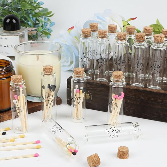 24 Matches Holders Empty Jars with 24 Striker Stickers, Empty Matches in A Jar with Striker DIY Wedding Favors, Candle Holder Containers & Bulk Storage| The Perfect Match Box (0.87x3.15 Inch) (24)