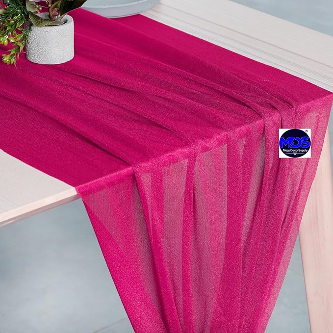 MDS 25 Pack 10ft Chiffon Table Runner 29 x 120 Inches Sheer Wedding Runner Romantic Rustic Table Runner for Wedding Decorations, Birthday Parties, Bridal Shower Party Arch Decor - Hot Pink