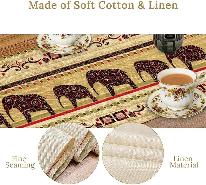 Boho Elephant Table Runner, Vintage Tribal Traditional Bohemian African Animals Ethnic Folk Table Center Decor for Home Kitchen Dining Patio Holiday Party Indoor Table Decorations, 13"x108" Inch
