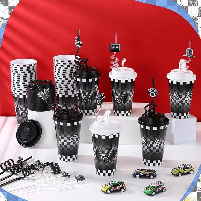 Yungyan 36 Sets Checkered Flag Party Favors Goodie Cups with Lids and Straws for Birthday Decorations Reusable 16oz Plastic Candy Cups Plastic Straws for Birthday Party (Checkered Flag)