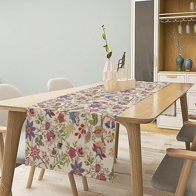 Spring Floral Table Runner, Boho Floral Pattern Natural Plant Table Decoration for Home Kitchen Restaurant Holiday Party,13in（33cm） W * 72in（184cm） L
