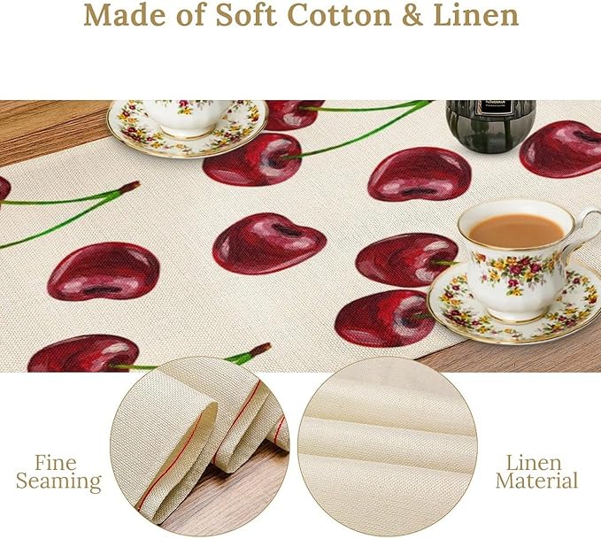Red Cherry Table Runner Watercolor Spring Summer Wild Berry Tropical Fruit Theme Dinner Runner for Girl Baby Shower Party Holiday Home Kitchen Dining Table Decor 13x120